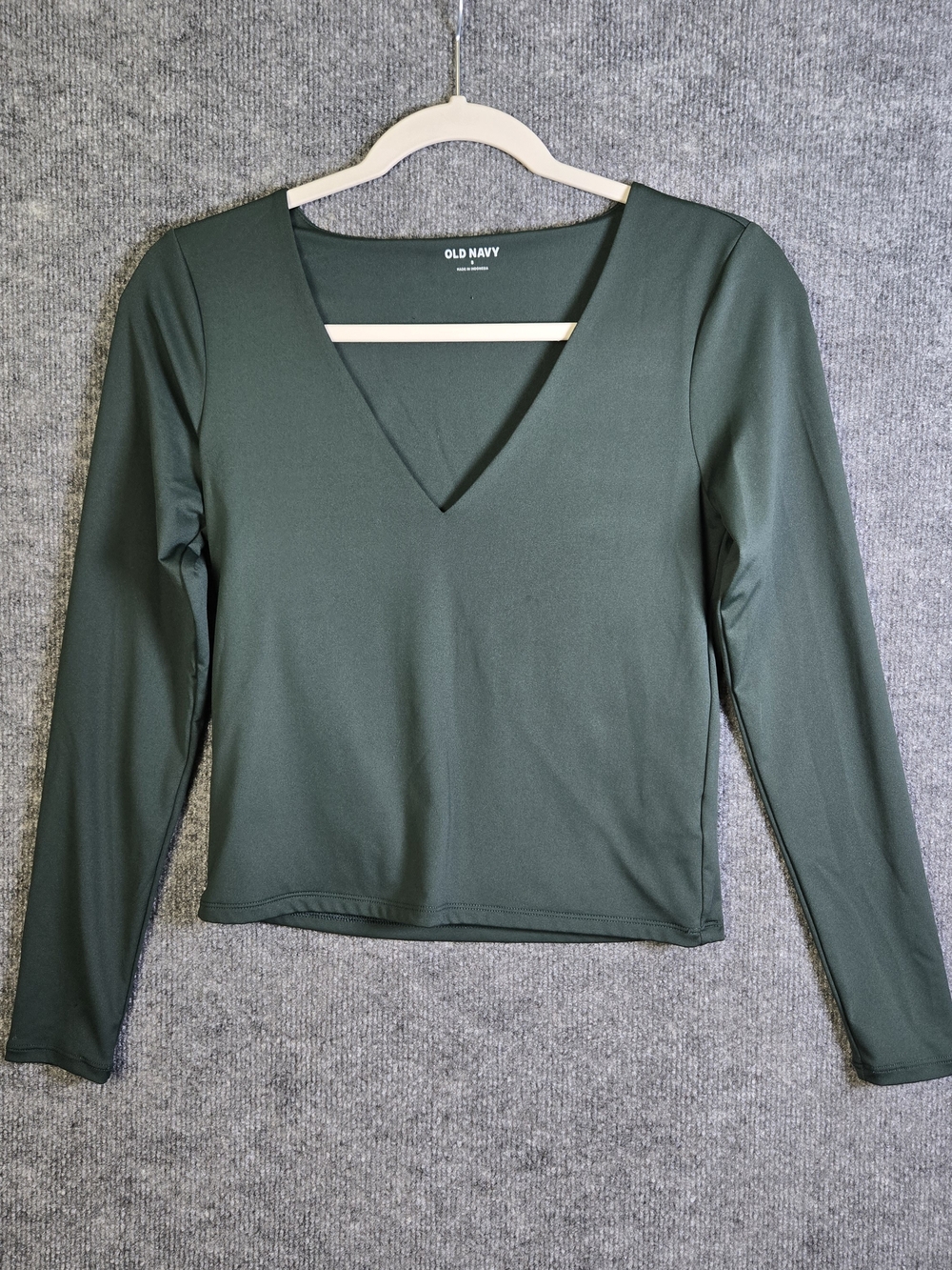 Old Navy T Shirt Womens S Forest Green Smooth Knit Cropped V Neck Long Sleeve